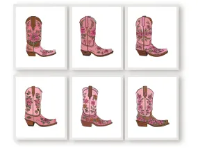 Pink Floral Cowgirl Boot Prints - Set of 6