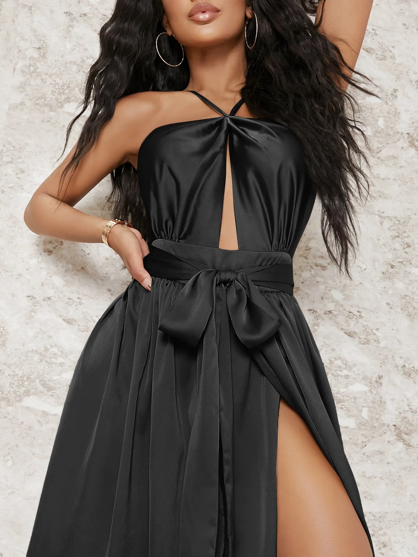 Satin Backless Cut Out Belted Split Thigh Dress