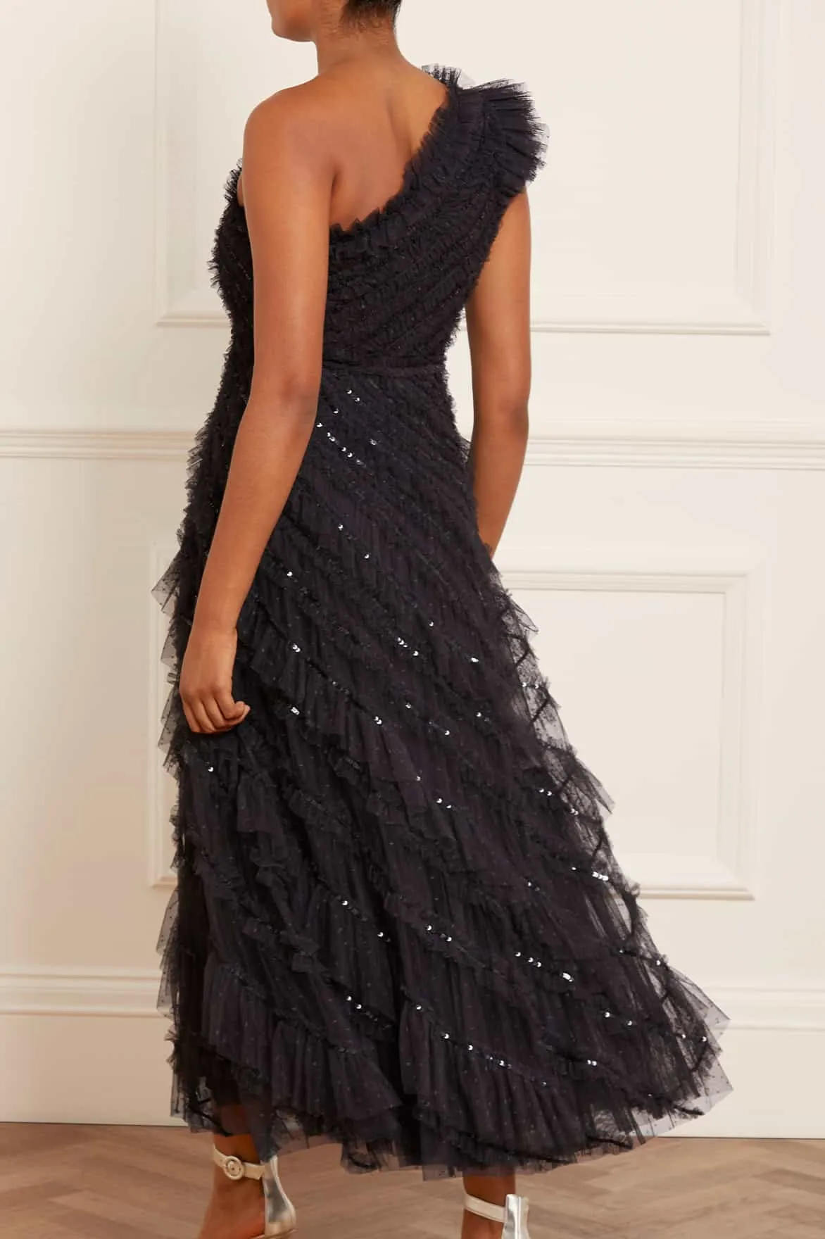 Spiral Sequin One-Shoulder Ankle Gown