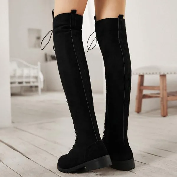 Women'S Black Lace-Up Over Knee Flat Boots 13268079